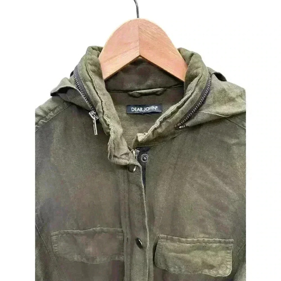 DEARJOHN Military Green Linen Blend Utility Jacket Zip Snap Drawstring Hooded L - Picture 4 of 12